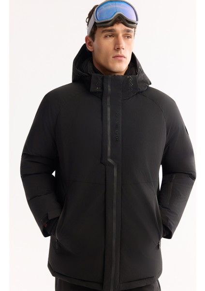 Erkek Siyah Kapüşonlu Su İtici Rüzgar Geçirmez -15°C Dayanıklı Şişme Kayak Montu A52Y6161