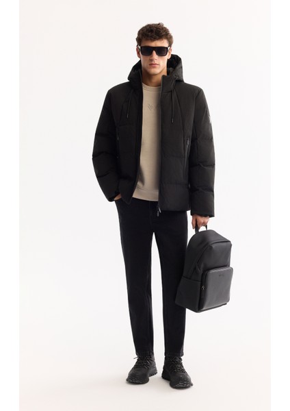 Erkek Siyah Kapüşonlu Su İtici Rüzgar Geçirmez -7°C Dayanıklı Şişme Comfort Fit Mont A52Y6184