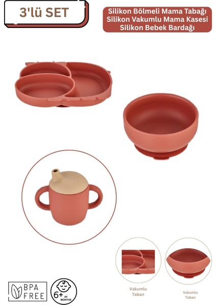 3'lü Silikon Bebek Beslenme Seti / Bölmeli Mama Tabağı / Mama Kasesi / Bebek Bardağı - Kiremit Rengi