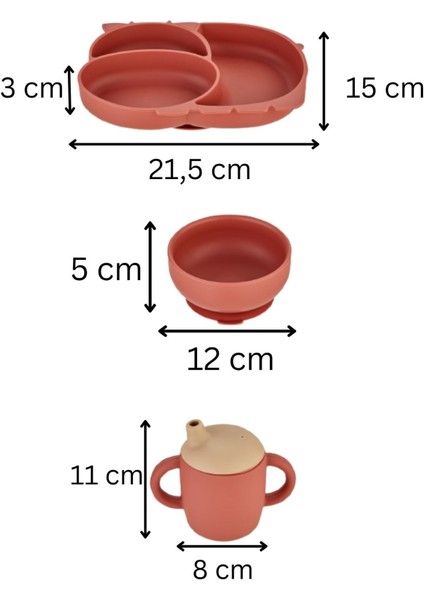 3'lü Silikon Bebek Beslenme Seti / Bölmeli Mama Tabağı / Mama Kasesi / Bebek Bardağı - Kiremit Rengi fırsatları