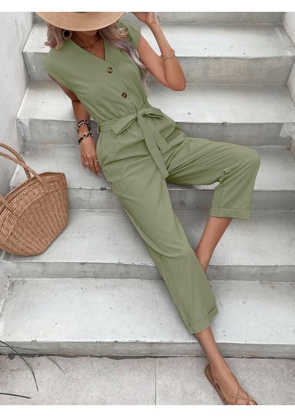 Keten Kadın V Yaka Tek Sıra Düğmeli Kolsuz Tulum indirimleri