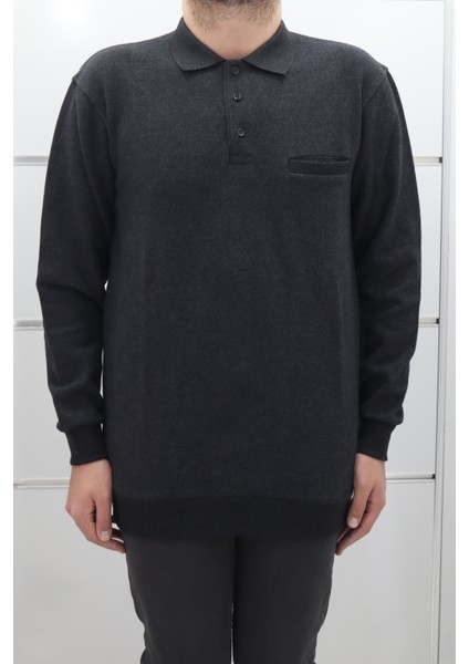 Fistan Store Erkek Düz Klasik Kesim Rahat Kalıp Polo Yaka Tek Cepli Selanik Kumaşlı Kışlık Kazak