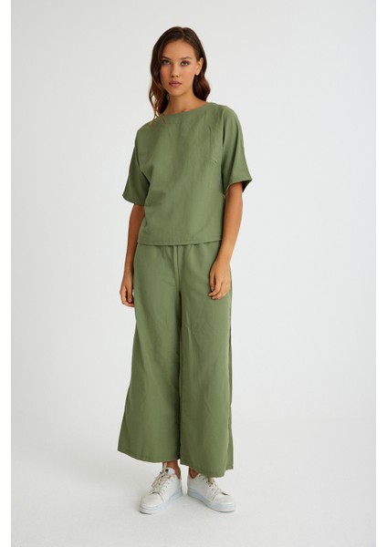 Keten Günlük Rahat Beli Lastikli Kadın İkili Takım Alt Üst