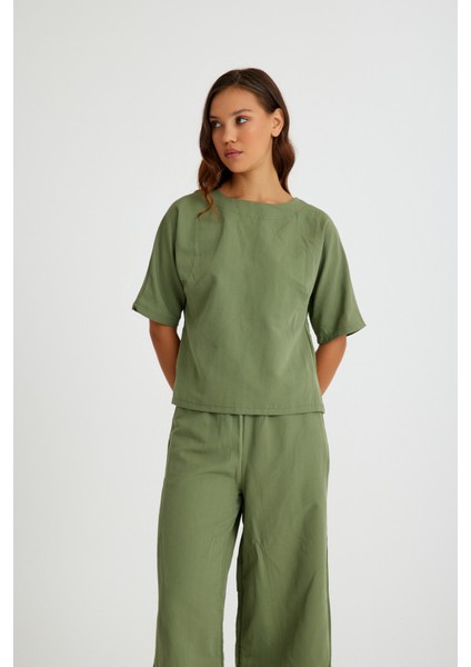Keten Günlük Rahat Beli Lastikli Kadın İkili Takım Alt Üst