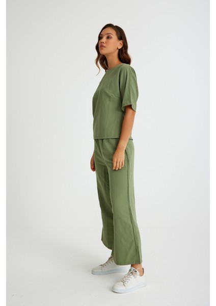 Keten Günlük Rahat Beli Lastikli Kadın İkili Takım Alt Üst