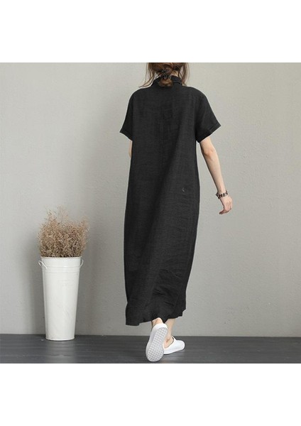 Keten Günlük Kısa Kol Tam Boy Yazlık Salaş Kadın Elbise indirimleri