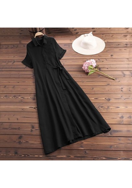 Keten Günlük Kısa Kol Tam Boy Yazlık Salaş Kadın Elbise