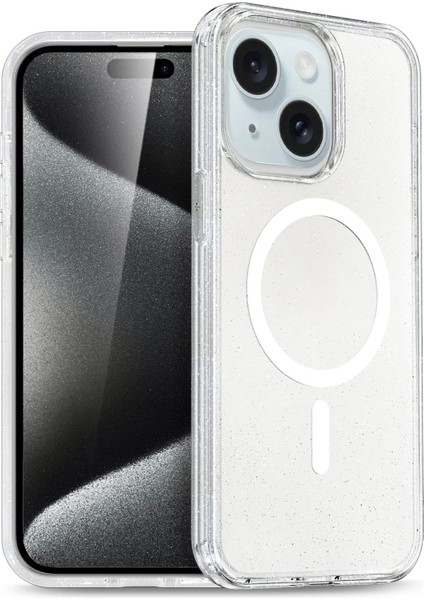 Apple iPhone 15 Glow Simli Standlı Lens Hediyeli Kılıf Kapak - Şeffaf