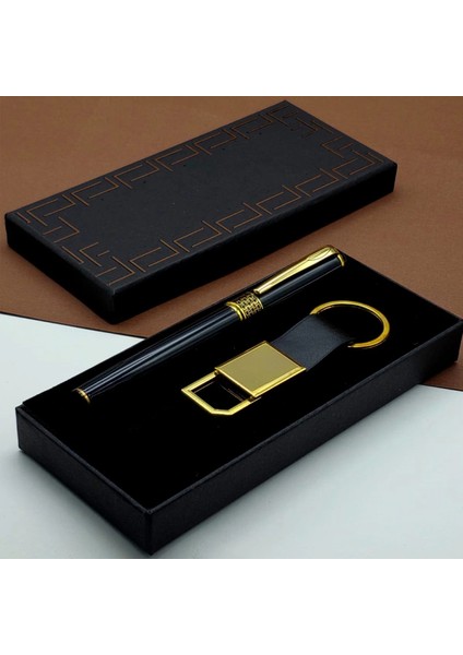 Hediyelik Siyah Kalem Ve Gold Deri Anahtarlık Kutulu Set