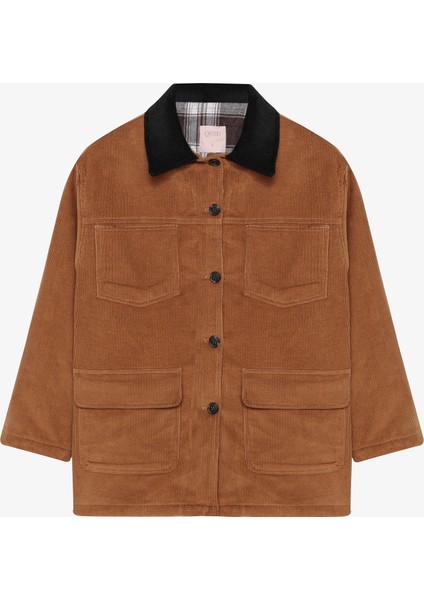 Kontrast Yaka Cepli Oversize Kadife Ceket Kahverengi