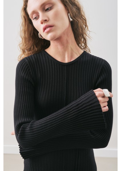 Kloş Etekli Lastik Örgü Elbise Siyah modelleri