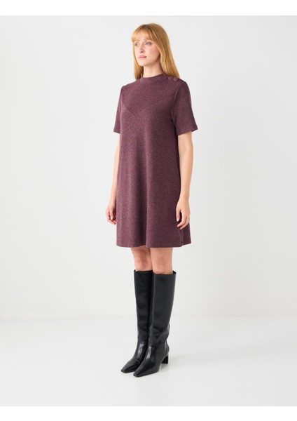 Gül Kurusu Yumuşak Dokulu Omzu Düğme Detaylı Örme Mini Elbise fiyatları