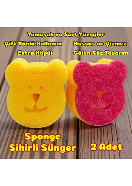 Technow Sponge Çift Taraflı Gülen Yüz Çok Amaçlı Sihirli Bulaşık Süngeri 2 Adet