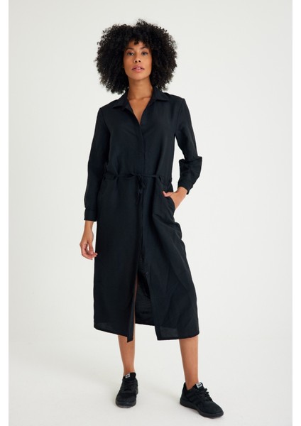 Keten Günlük Rahat Beli Bağcık Detaylı Uzun Kol Elbise