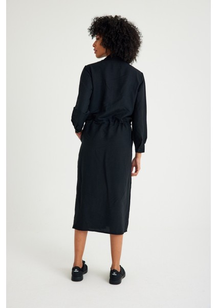 Keten Günlük Rahat Beli Bağcık Detaylı Uzun Kol Elbise