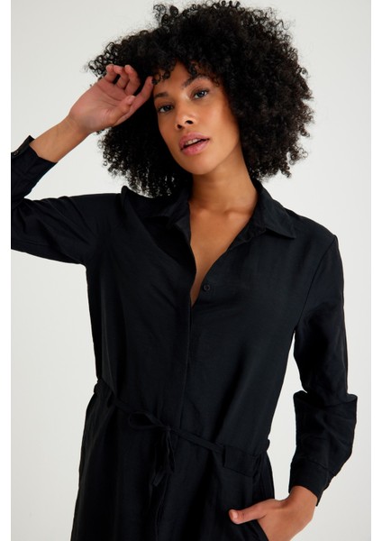 Keten Günlük Rahat Beli Bağcık Detaylı Uzun Kol Elbise