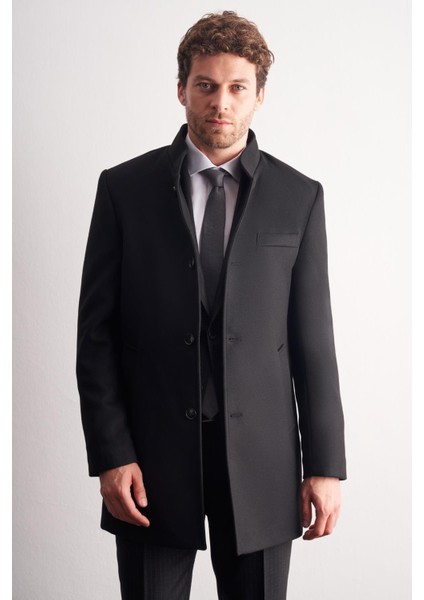 Siyah Hakim Yaka Classic Slim Fit Esnek Kaban 1008255162