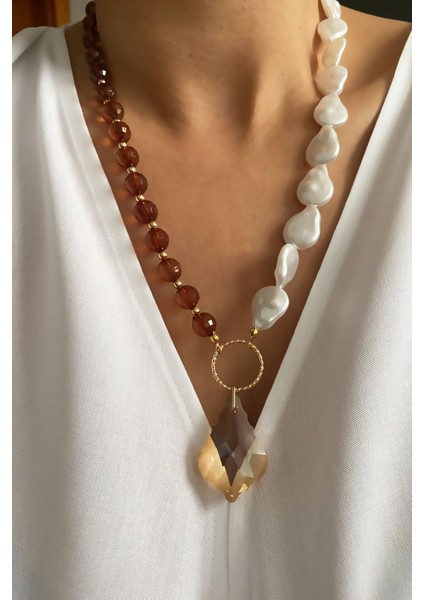 Barok Inci Kristal Uçlu Uzun Kolye