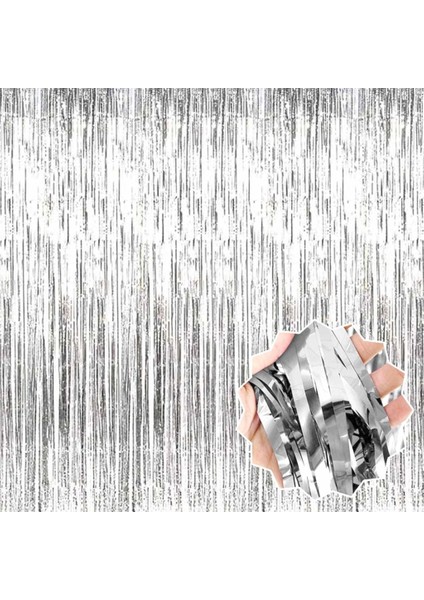 Gümüş Renk Enessiworldtra Metalize Parlak Saçaklı Arka Fon Perde Ithal A Kalite 1x2 Metre modelleri