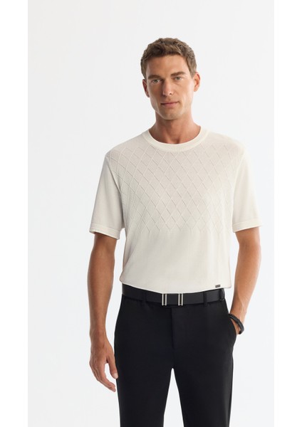 Erkek Ekru Bisiklet Yaka Jakarlı Rayon Triko Regular Fit T-Shirt A42Y5008
