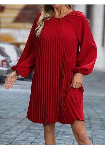 Kadın Uzun Kollu Yuvarlak Yaka Pileli Salaş Mini Ithal Krep Elbise modelleri