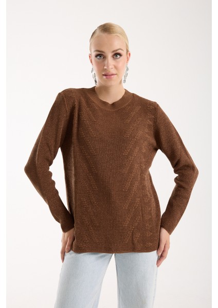 Kadın Kahve Selanik Örgü Bisiklet Yaka Simli Triko Kazak