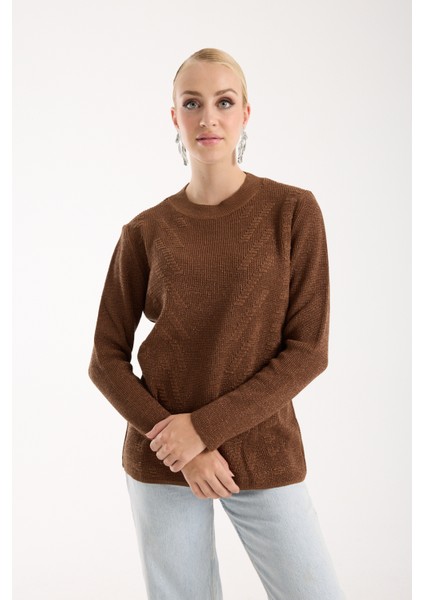 Kadın Kahve Selanik Örgü Bisiklet Yaka Simli Triko Kazak indirimleri