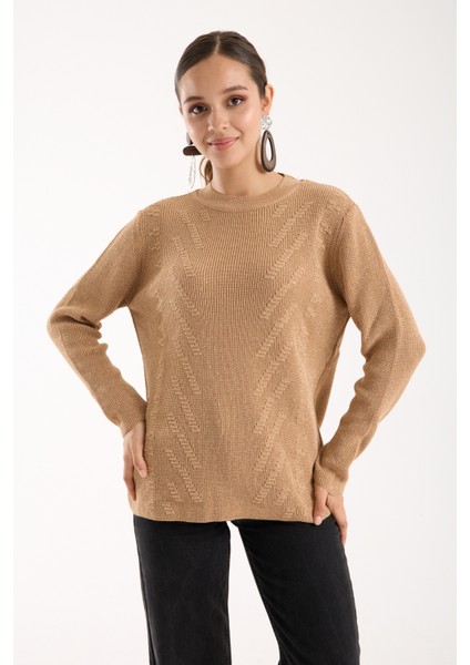 Kadın Bej Selanik Örgü Bisiklet Yaka Simli Triko Kazak fiyatları