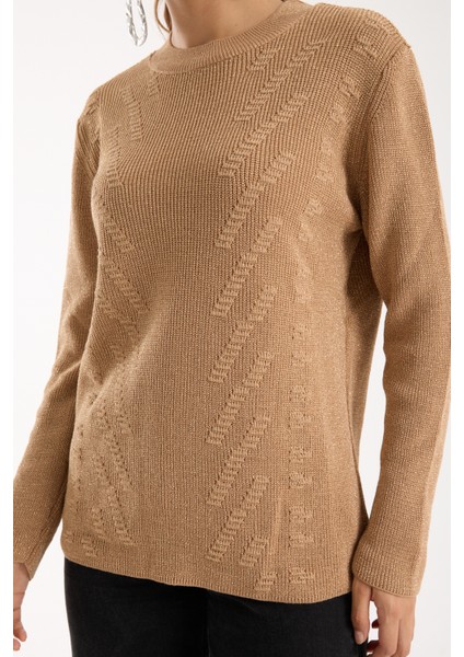Kadın Bej Selanik Örgü Bisiklet Yaka Simli Triko Kazak modelleri