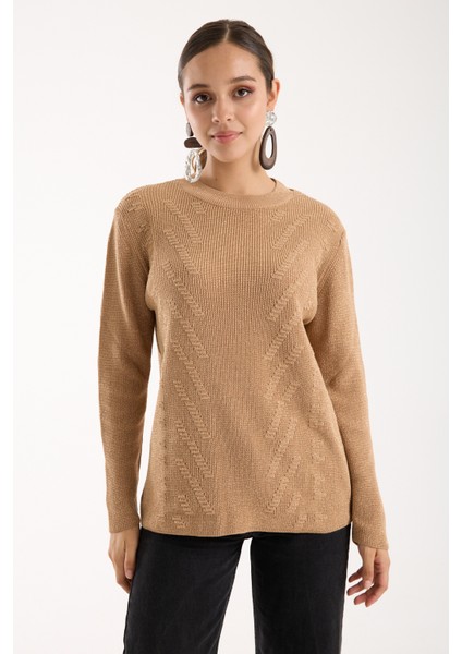 Kadın Bej Selanik Örgü Bisiklet Yaka Simli Triko Kazak fırsatları