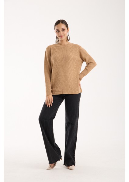 Kadın Bej Selanik Örgü Bisiklet Yaka Simli Triko Kazak