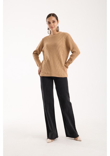 Kadın Bej Selanik Örgü Bisiklet Yaka Simli Triko Kazak
