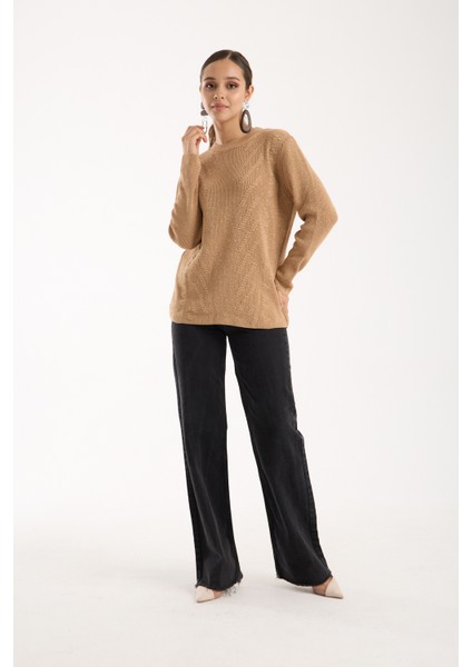 Kadın Bej Selanik Örgü Bisiklet Yaka Simli Triko Kazak