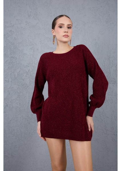 Kadın Bordo Reglan Balon Kollu Bisiklet Yaka Simli Triko Kazak