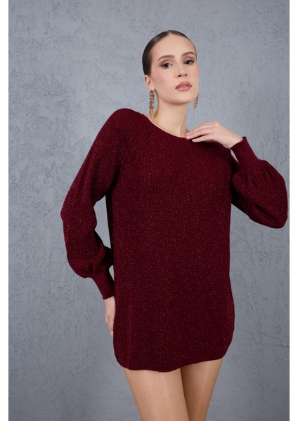 Kadın Bordo Reglan Balon Kollu Bisiklet Yaka Simli Triko Kazak fiyatları