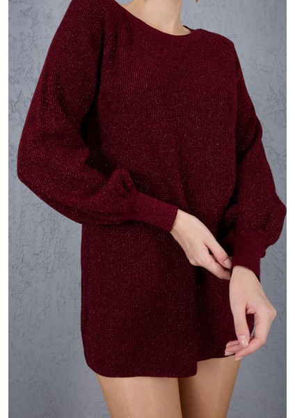 Kadın Bordo Reglan Balon Kollu Bisiklet Yaka Simli Triko Kazak modelleri