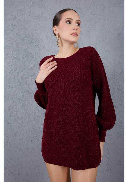 Kadın Bordo Reglan Balon Kollu Bisiklet Yaka Simli Triko Kazak fırsatları