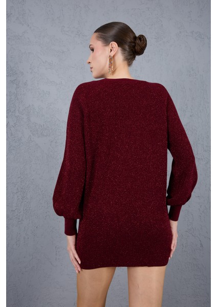 Kadın Bordo Reglan Balon Kollu Bisiklet Yaka Simli Triko Kazak indirimleri