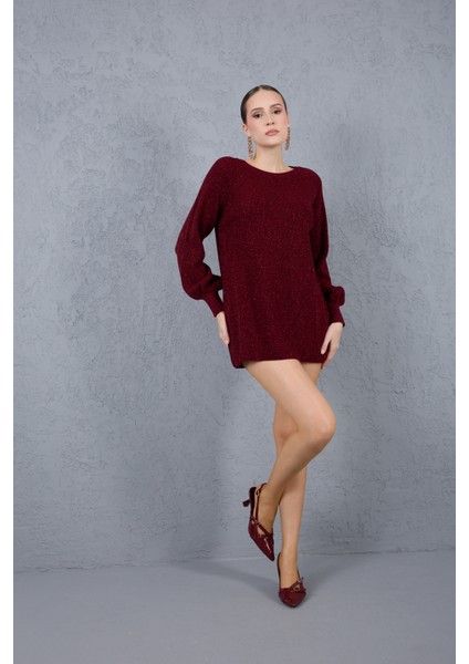 Kadın Bordo Reglan Balon Kollu Bisiklet Yaka Simli Triko Kazak