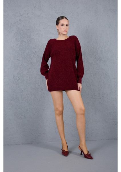 Kadın Bordo Reglan Balon Kollu Bisiklet Yaka Simli Triko Kazak