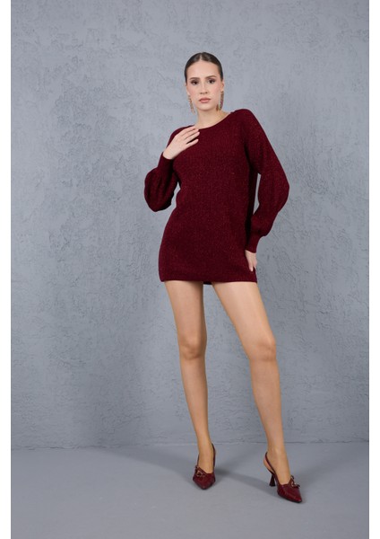 Kadın Bordo Reglan Balon Kollu Bisiklet Yaka Simli Triko Kazak