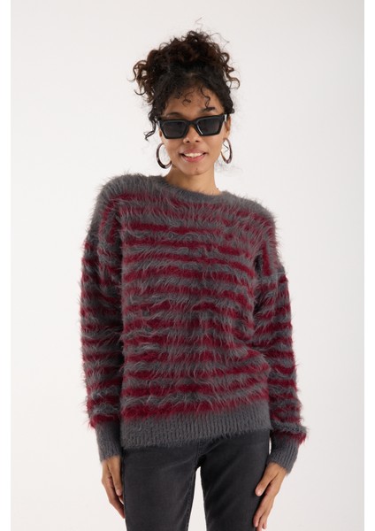 Kadın Füme-Bordo Sakal Iplik Çizgili Bisiklet Yaka Triko Kazak fiyatları