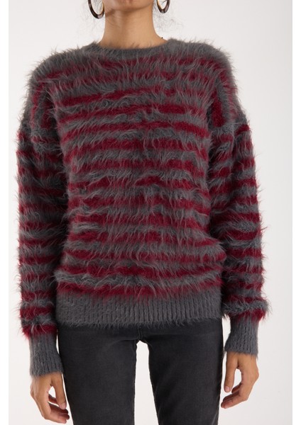 Kadın Füme-Bordo Sakal Iplik Çizgili Bisiklet Yaka Triko Kazak modelleri