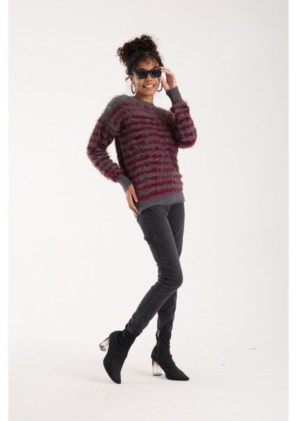 Kadın Füme-Bordo Sakal Iplik Çizgili Bisiklet Yaka Triko Kazak