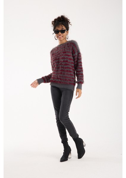 Kadın Füme-Bordo Sakal Iplik Çizgili Bisiklet Yaka Triko Kazak