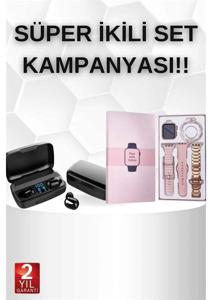 Wireless Şarjlı Pembe Akıllı Saat ve Kablosuz Bluetooth Kulaklık Dokunmatik Kontrol fiyatları