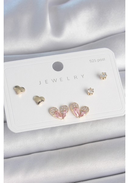 Pirinç Gold Renk Pembe Zirkon Taşlı Kalp Model 925 Ayar Gümüş Çivi Kadın Küpe Seti - Lisinya