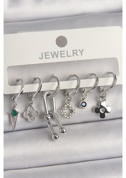 Pirinç Gümüş Renk Zirkon Taşlı Çoklu Figür Kadın Küpe Seti - Lisinya