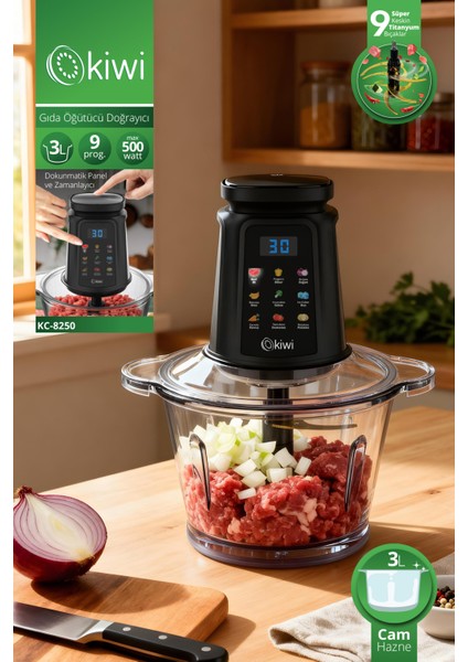 KC-8250 Gıda Öğütücü Doğrayıcı | 500W Güçlü Motor&3l Cam Kase &9 Titanyum Bıçaklı & Dokunmatik Ekran