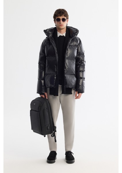 Erkek Siyah Kapüşonlu Kaz Tüyü Su İtici Rüzgar Geçirmez -20°C Dayanıklı Şişme Mont A42Y6182